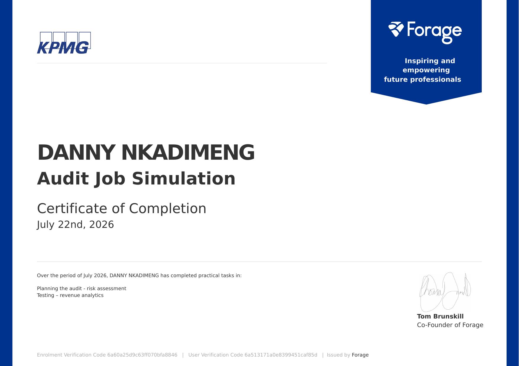 Certificate of Completion — KPMG Audit Job Simulation issued to Danny Nkadimeng by Forage, July 2026