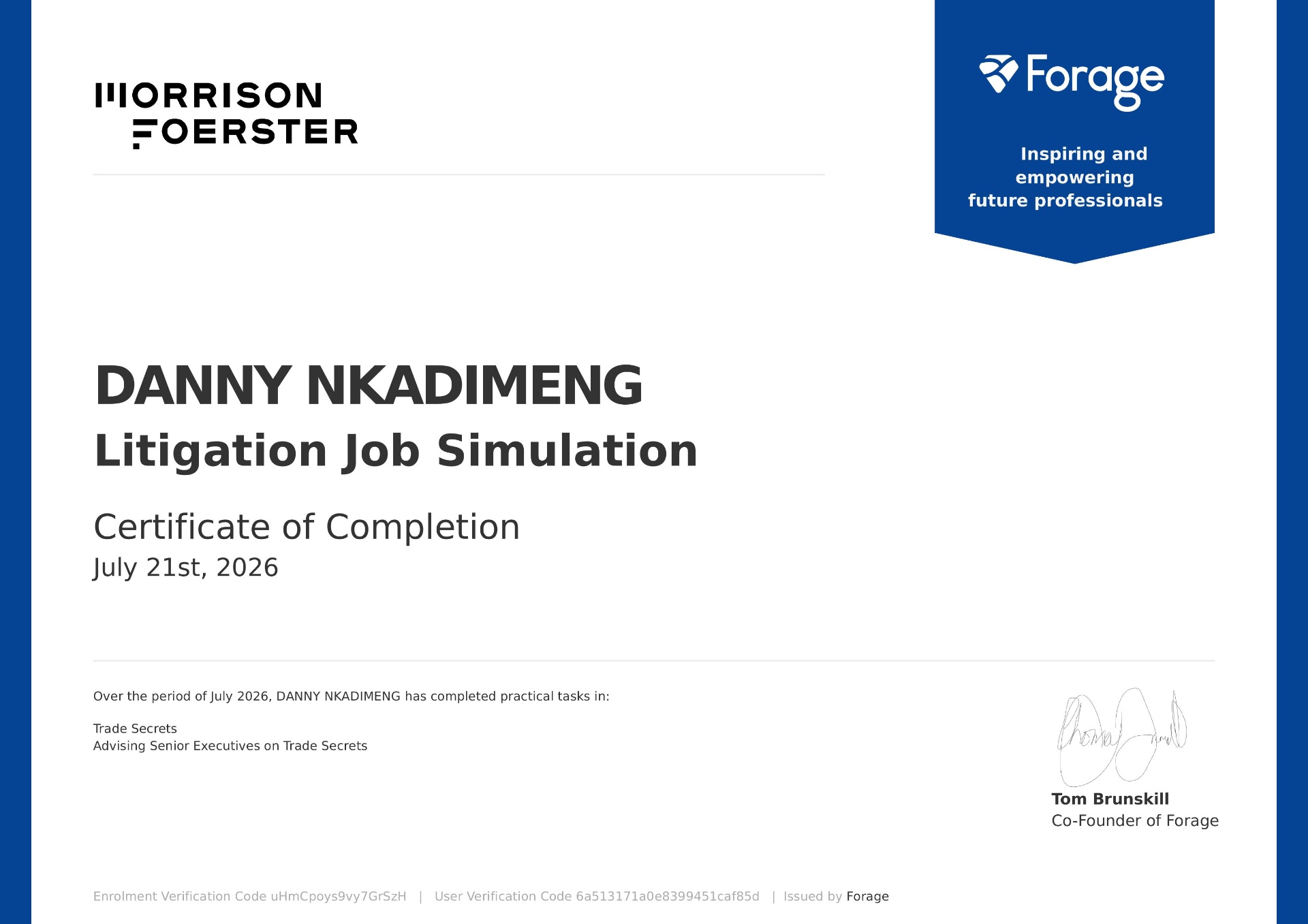 Certificate of Completion — Morrison & Foerster Litigation Job Simulation issued to Danny Nkadimeng by Forage, July 2026