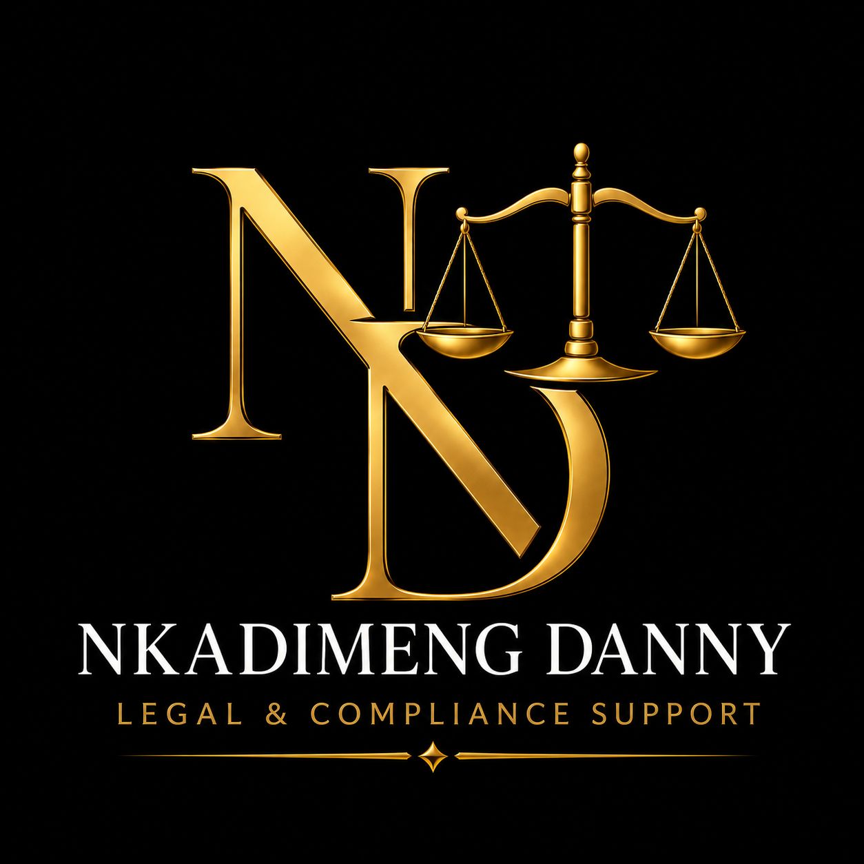 Nkadimeng Danny Legal & Compliance Support — golden ND monogram with scales of justice